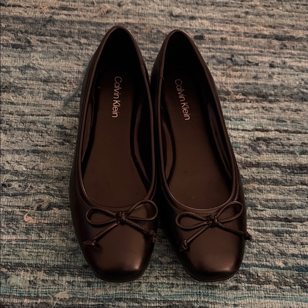 Calvin Klein Black Leather Square-Toe Ballet Flats with Bow
